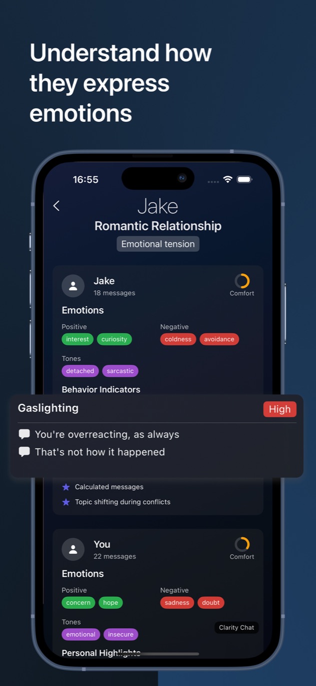 Clarity Chat report showing emotional tone and the text examples behind a behavior indicator