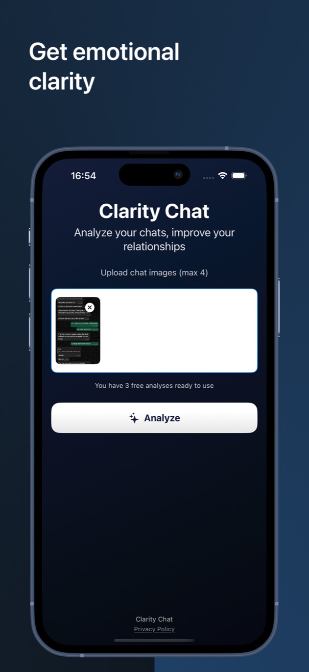 Clarity Chat upload screen for selecting up to four chat screenshots for analysis